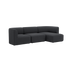 Black three seat chaise sofa with a right hand chaise and soft rounded cushions from sackit for calm Scandinavian living spaces