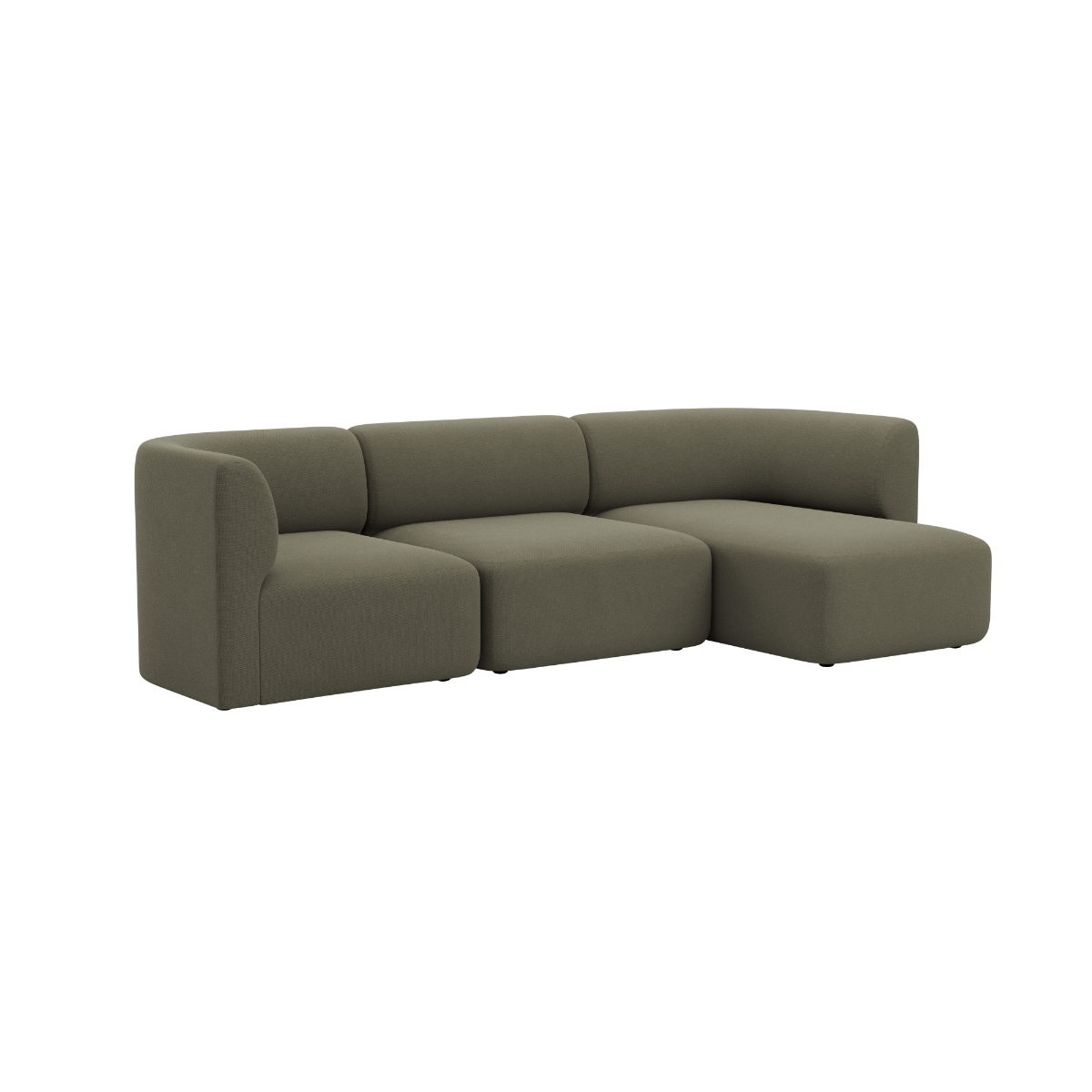Olive green Fjord three seat sofa with a right chaise and rounded cushions in a calm Scandinavian design from sackit