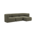 Olive green Fjord three seat sofa with a right chaise and rounded cushions in a calm Scandinavian design from sackit