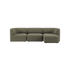 sackit Fjord three seat sofa with right chaise in soft olive green upholstery rounded arms and deep cushioned seats on a plain background