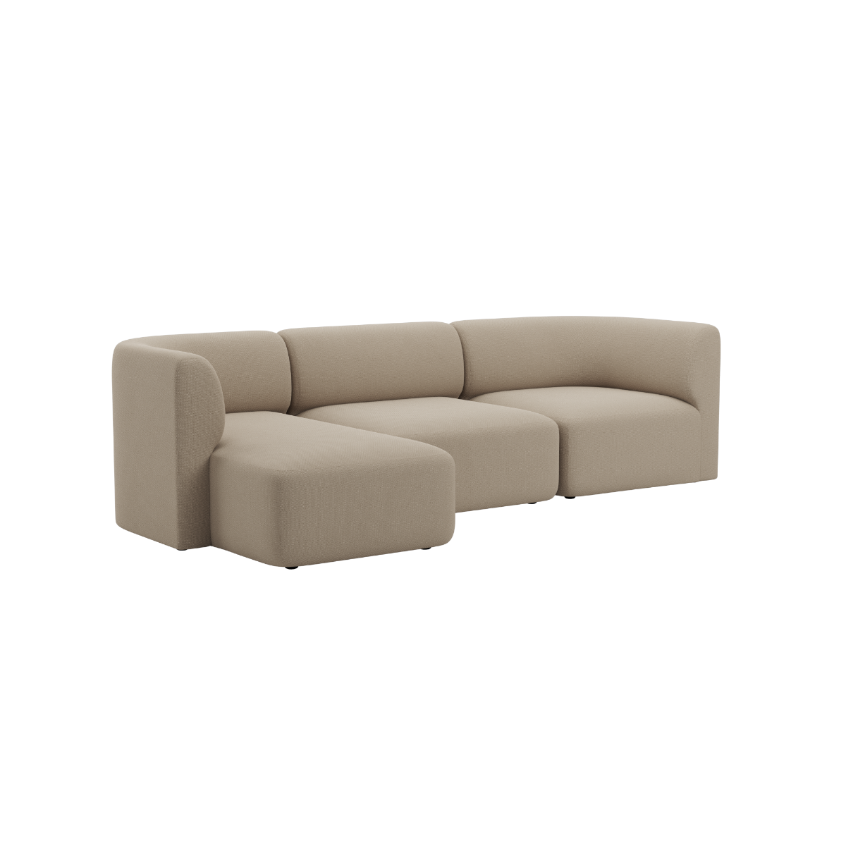 Beige three seater sofa with left chaise and soft rounded cushions in a calm Scandinavian design by sackit for comfortable modern living