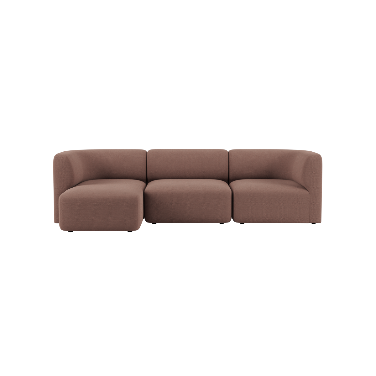 Brown three seat chaise sofa with soft rounded lines and deep cushions in a calm Scandinavian design from sackit
