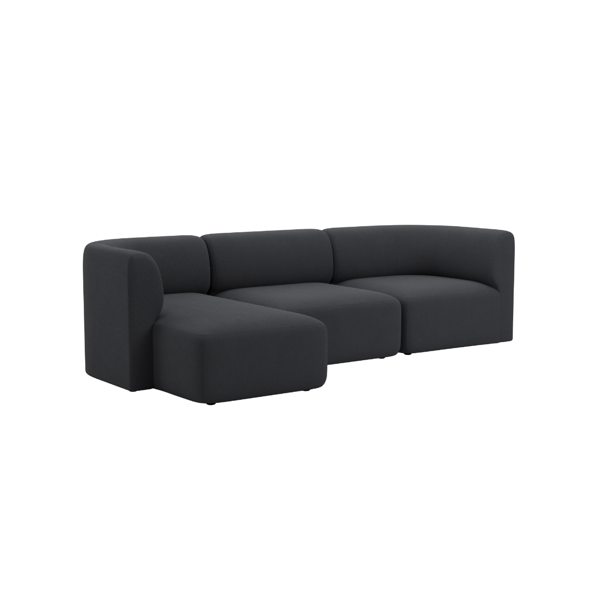 Dark grey Fjord three seater chaise left sofa with soft rounded lines and deep comfortable cushions from sackit Europe for calm Scandinavian interiors