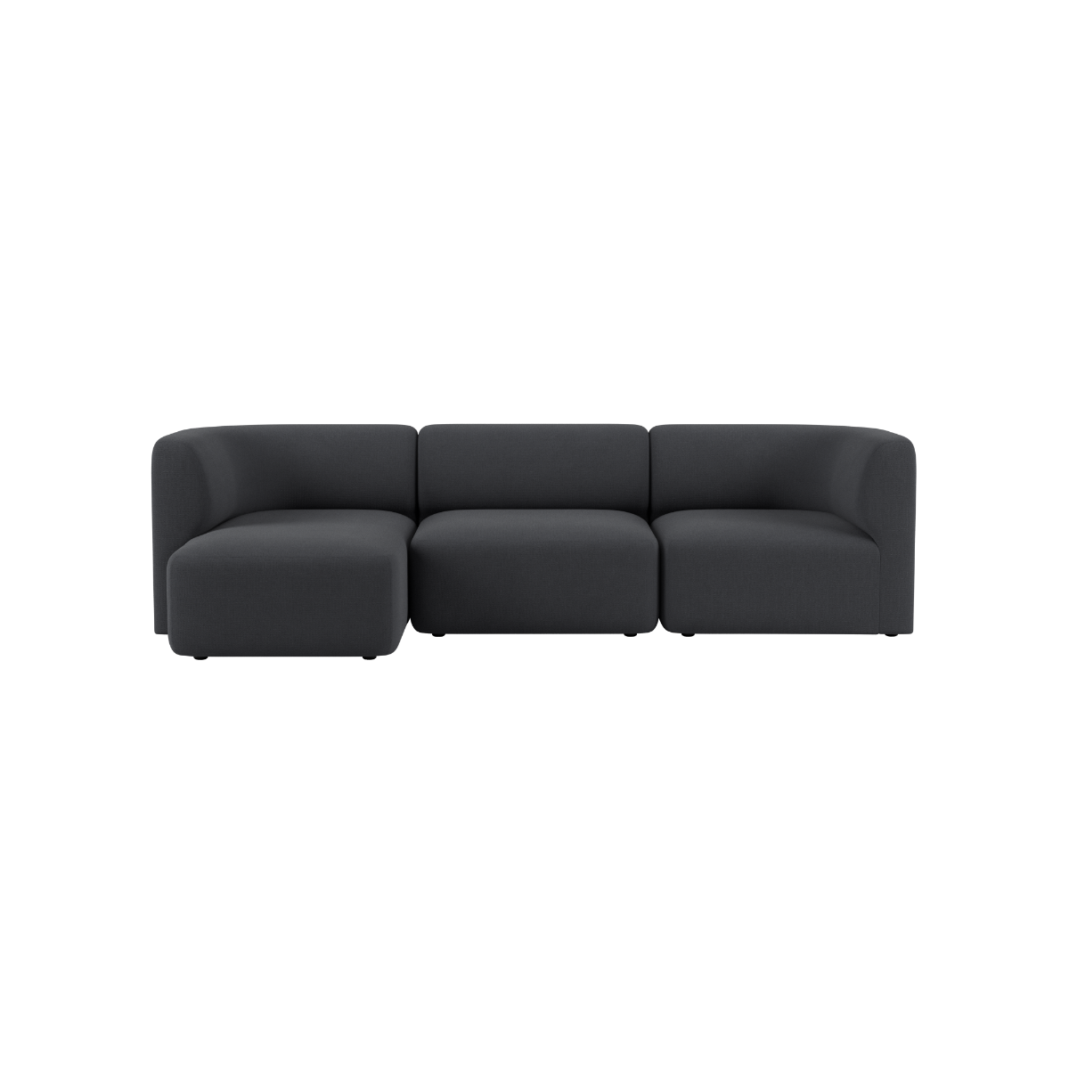 Dark charcoal Fjord three seat chaise sofa with soft rounded lines and deep cushions shown against a plain background from sackit Scandinavian furniture