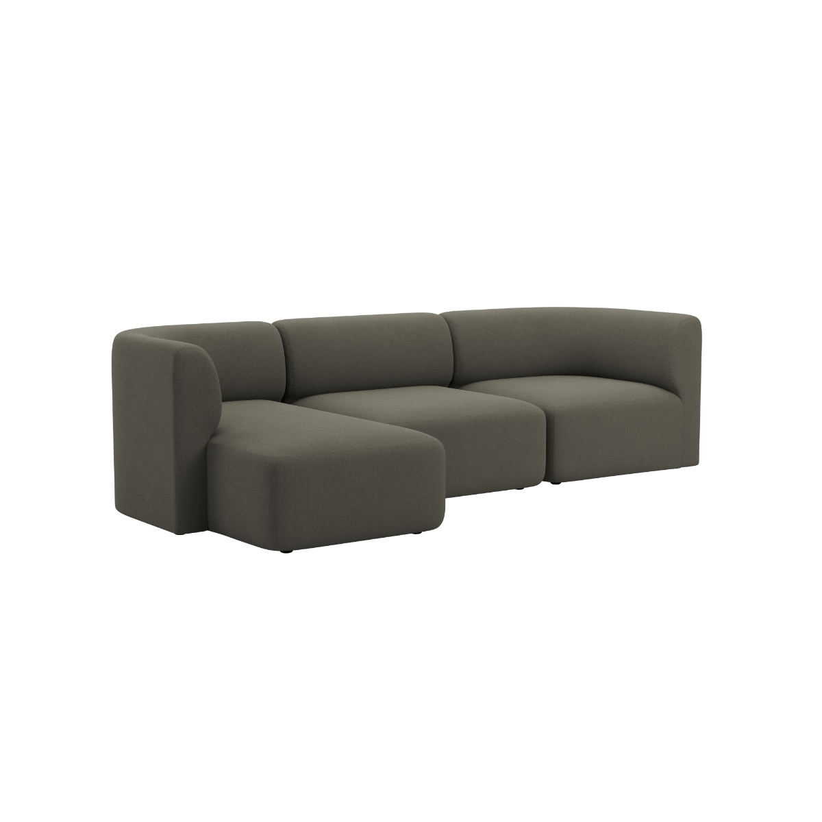 Dark olive green sackit Fjord three seat chaise sofa with soft rounded cushions and a calm Scandinavian design on a black background