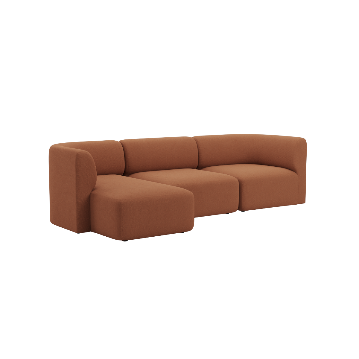 Brown three seater chaise sofa with left facing chaise and soft rounded lines from sackit designed in Denmark for comfortable Scandinavian interiors