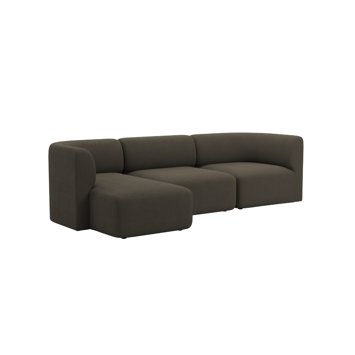 sackit Fjord three seater sofa in dark brown with a left chaise rounded cushions and calm Scandinavian design