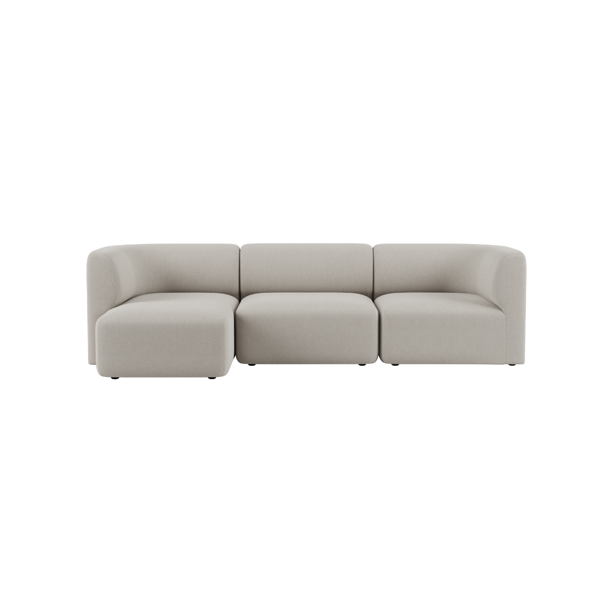Light beige three seater sofa with left chaise soft rounded lines and deep cushions from sackit designed in Denmark for calm Scandinavian comfort